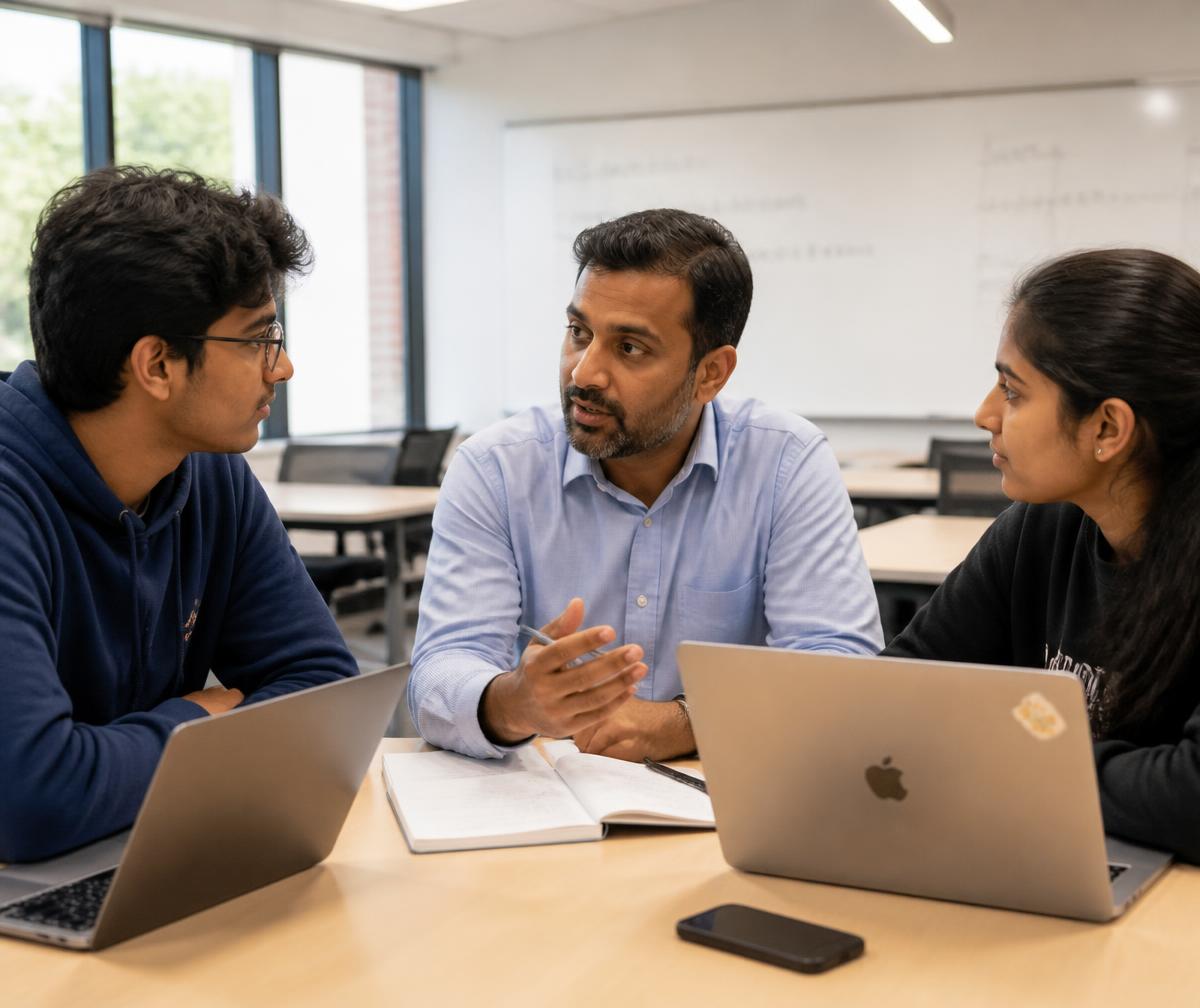 A mentor guiding two students during a counselling session